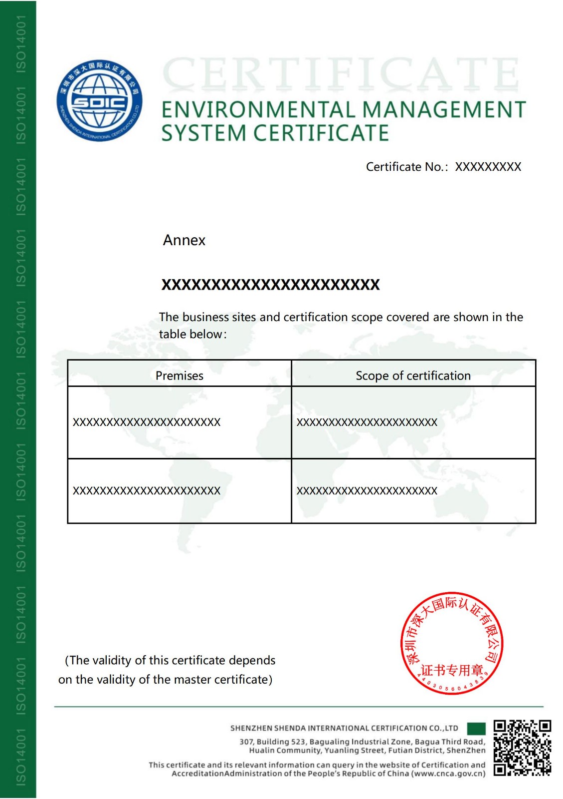 ISO14001环境管理体系认证证书（附件）-不带标-英文版
