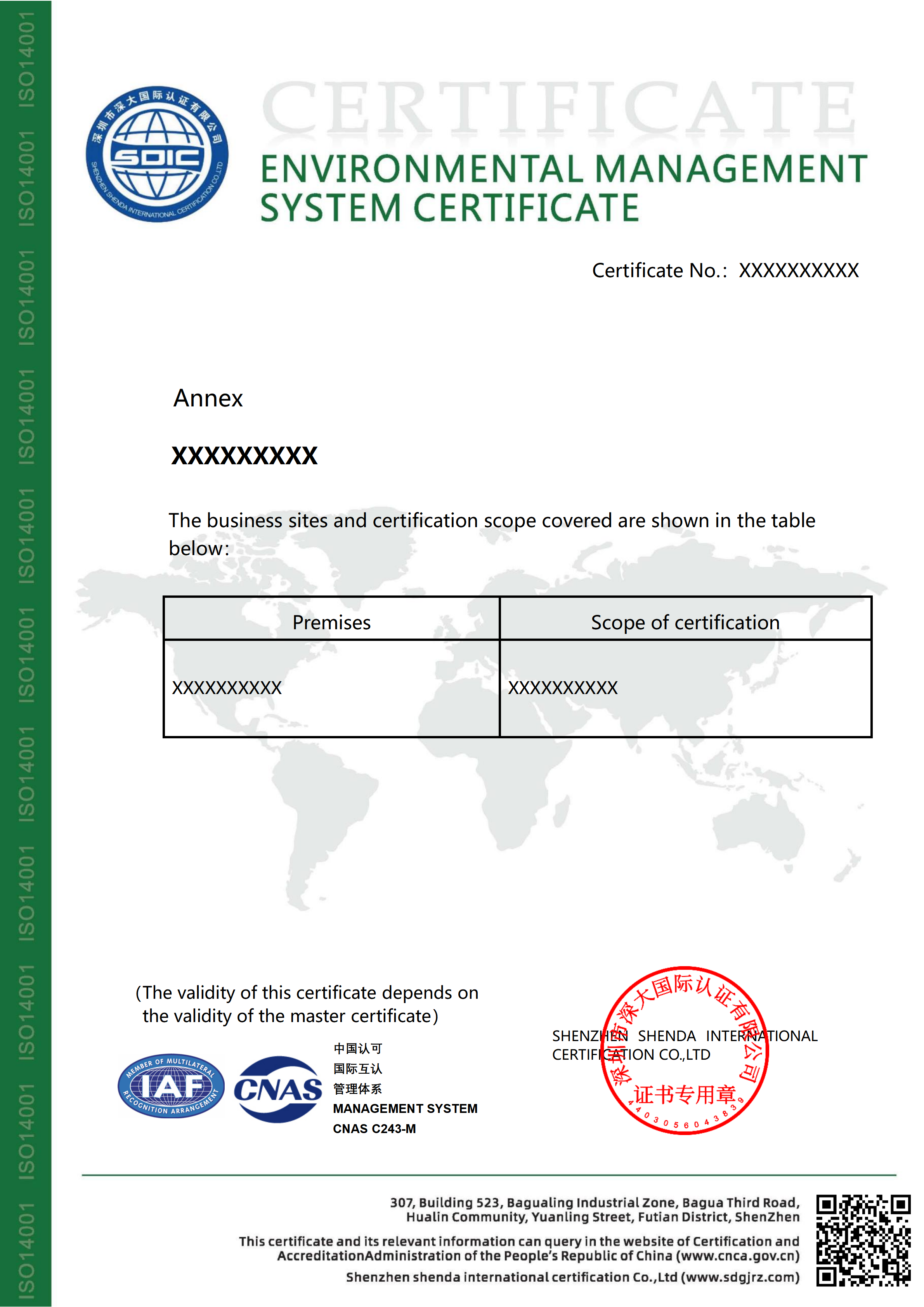 ISO14001环境管理体系认证证书（附件）-CNAS-英文版