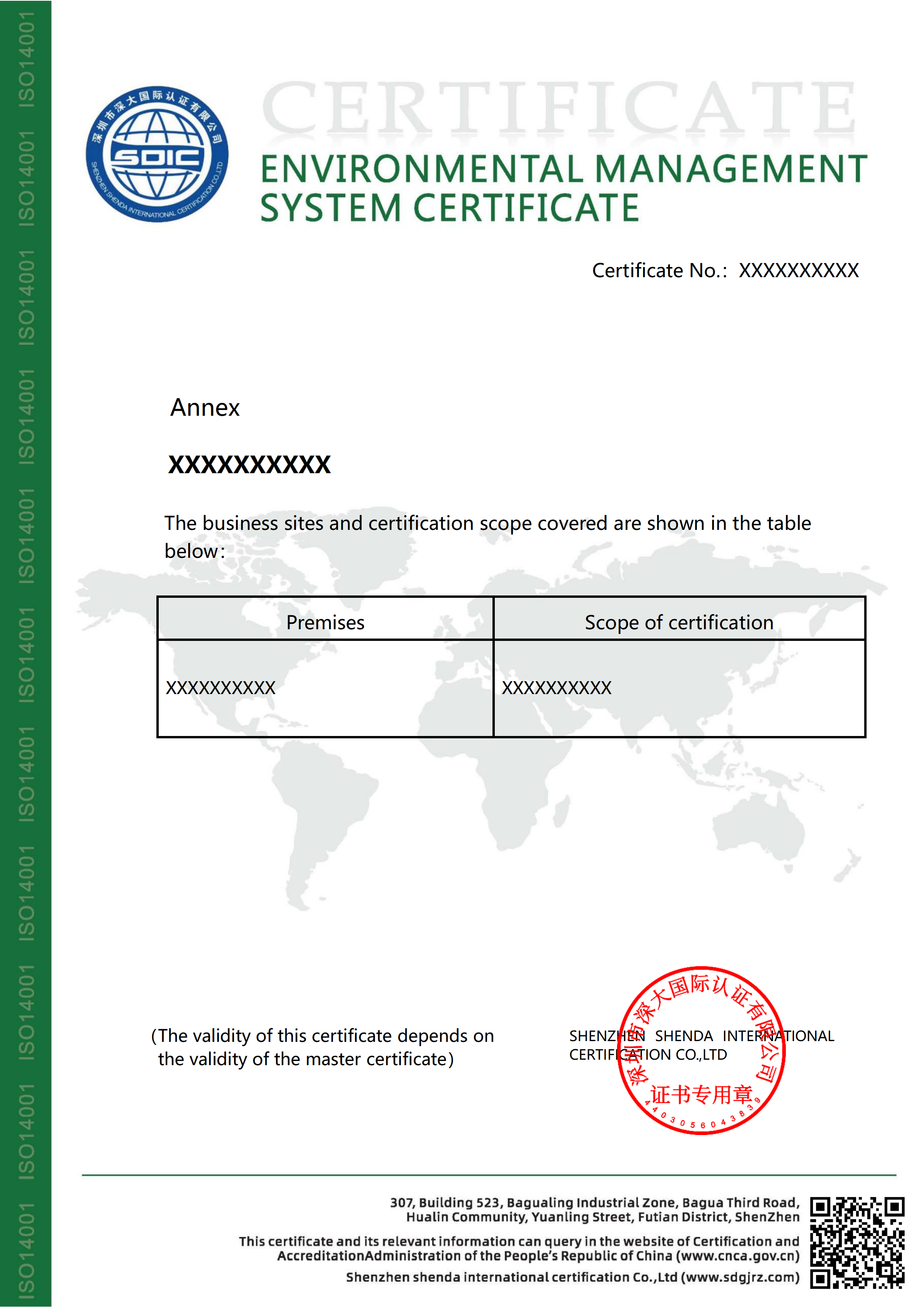 ISO14001环境管理体系认证证书（附件）英文版