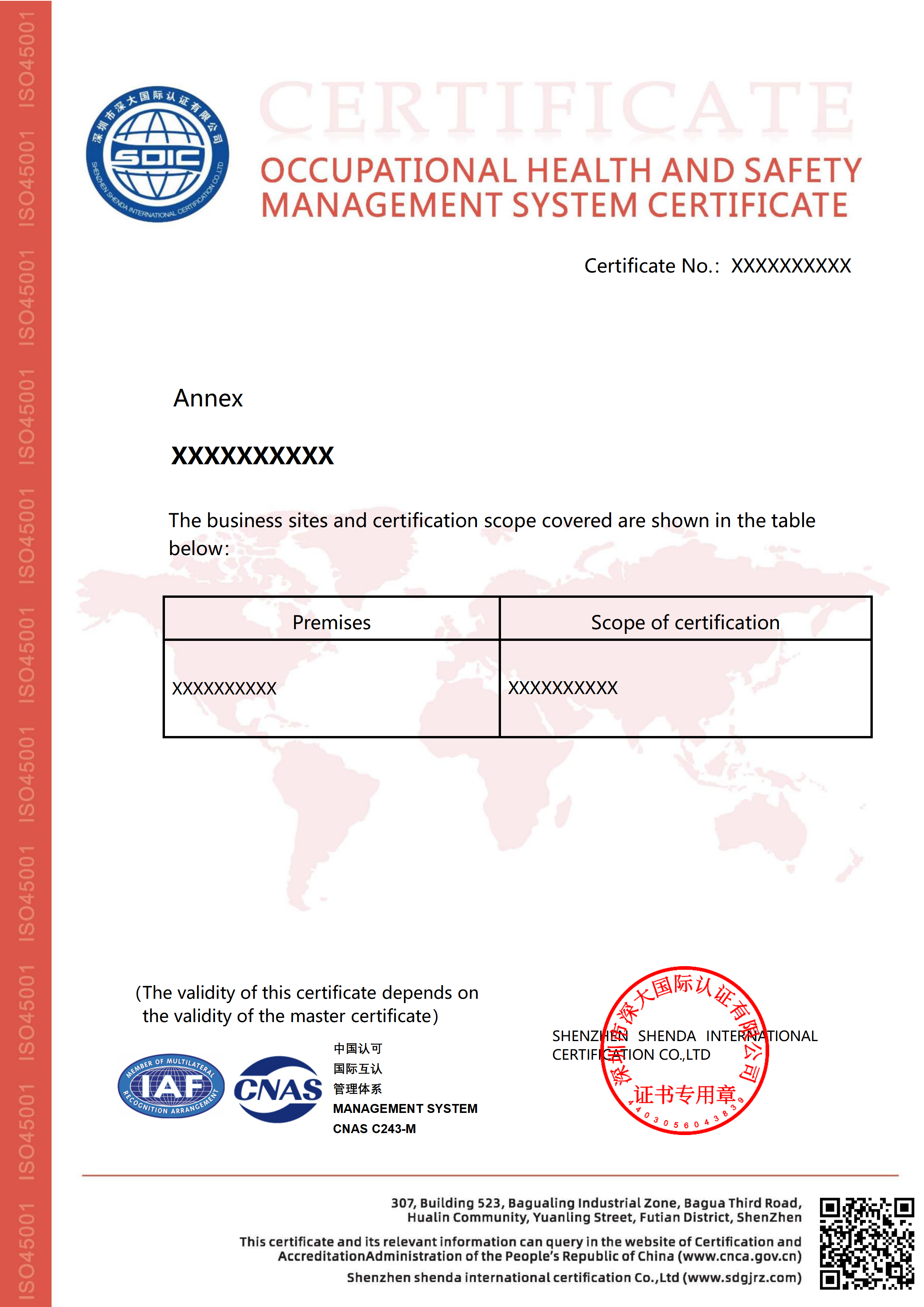 ISO45001职业健康安全管理体系认证证书（附件）-CNAS-英文版