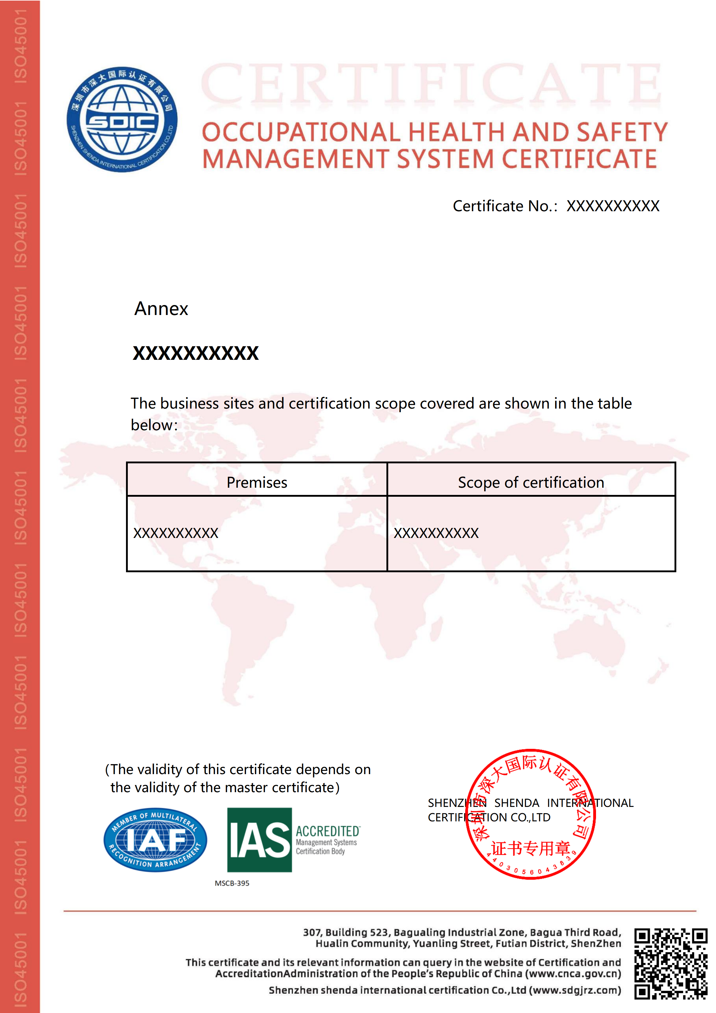 ISO45001职业健康安全管理体系认证证书（附件）-IAS-英文版