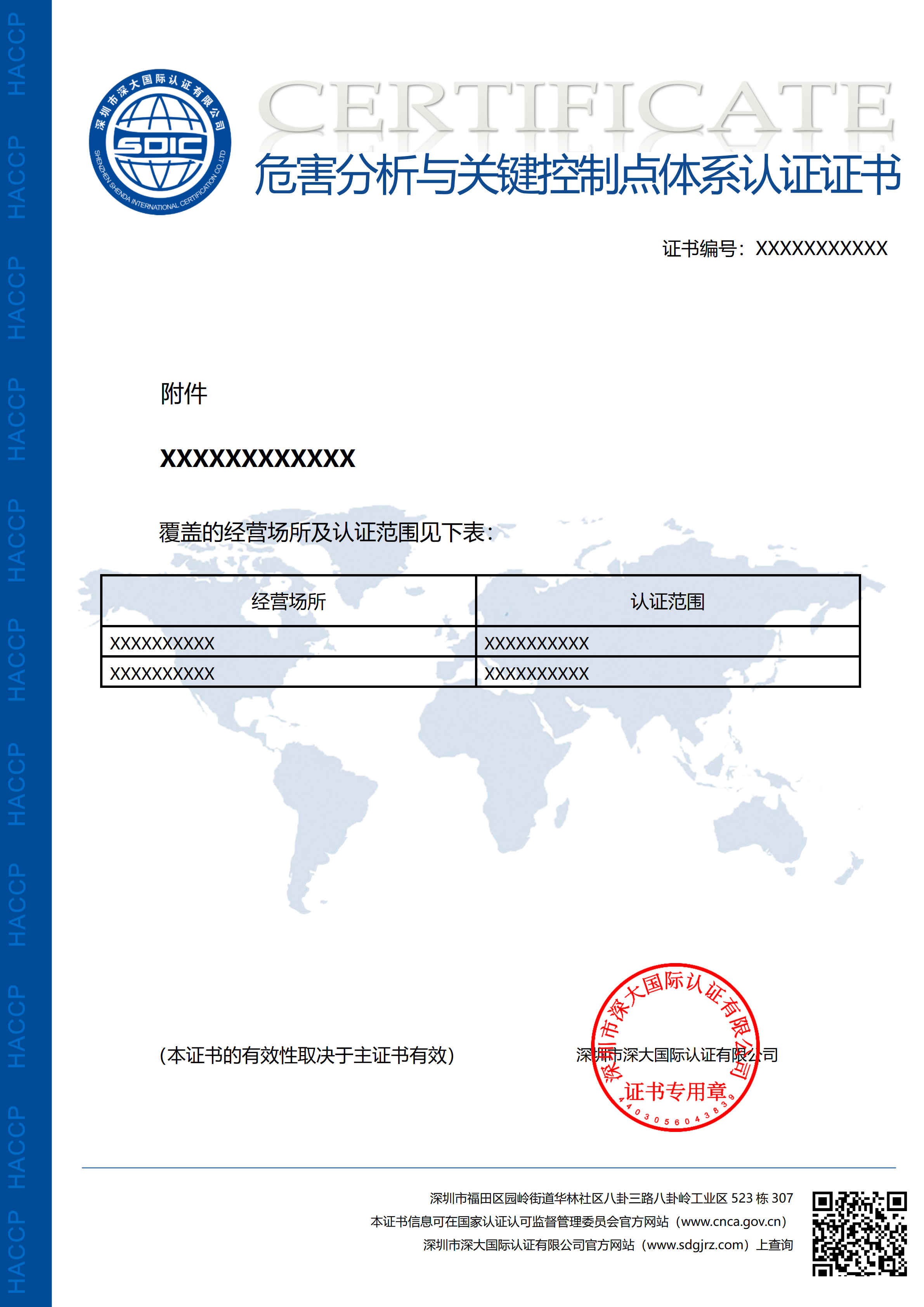 危害分析与关键控制点（HACCP）体系认证证书(附件）