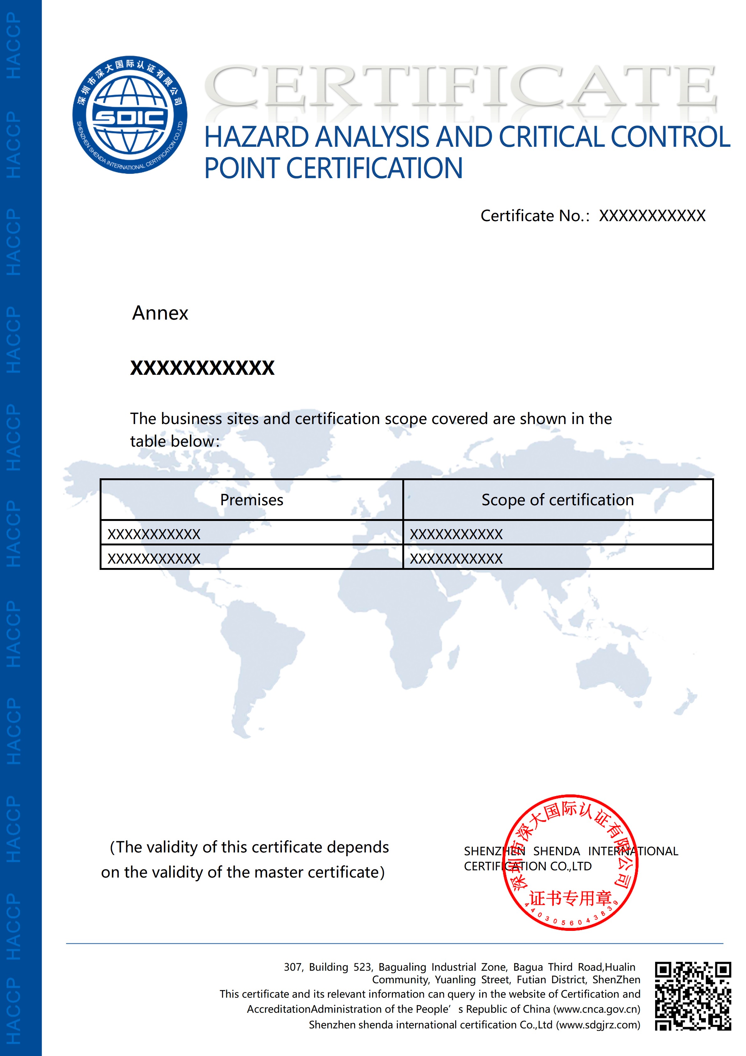 危害分析与关键控制点（HACCP）体系认证证书-英文版（附件）