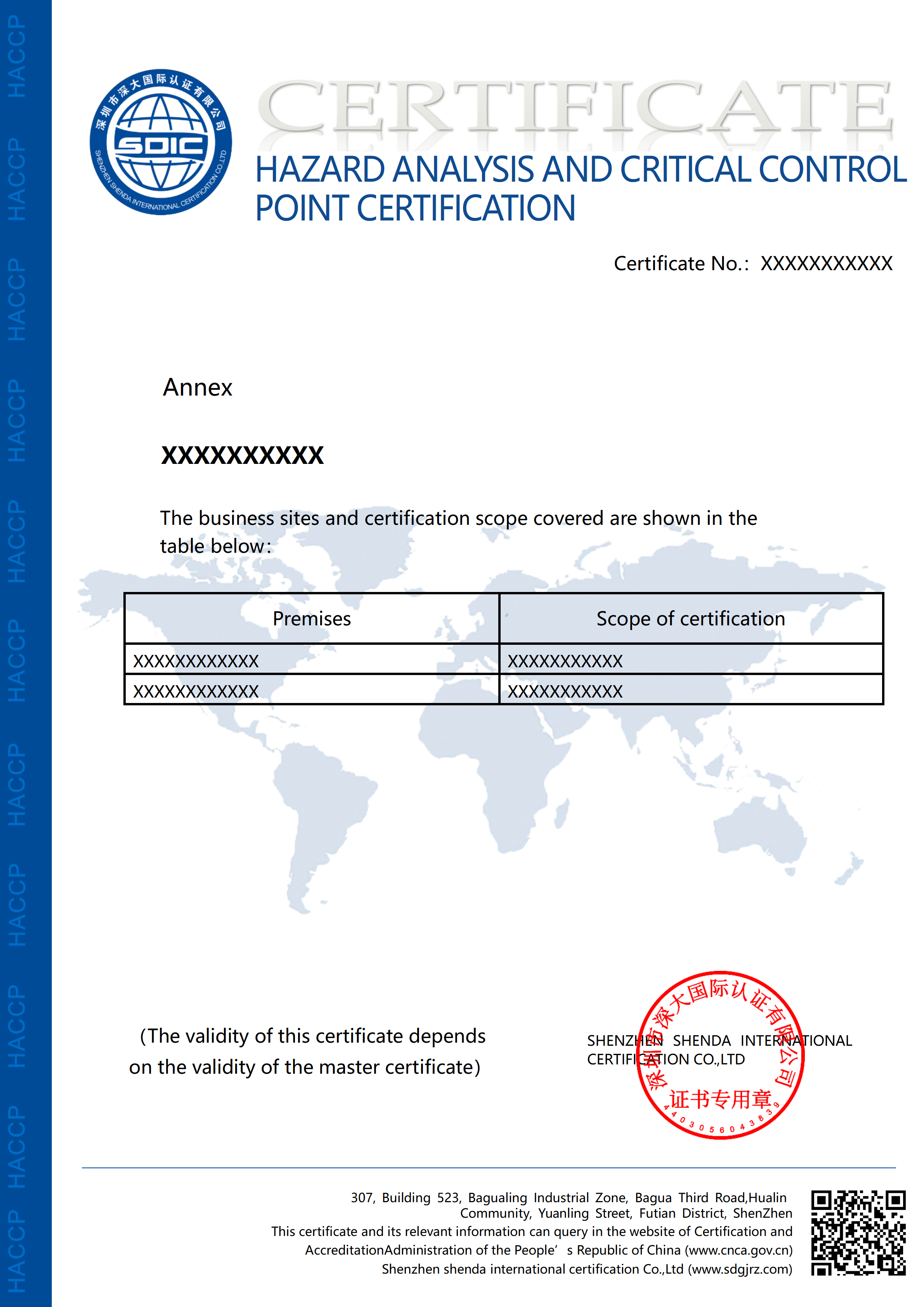 危害分析与关键控制点（HACCP）体系认证证书-出口-英文版（附件）